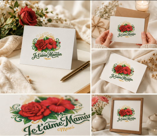 Carte Pliée Personnalisée “Je t’aime Maman Merci” — Pack de 10 Cartes Premium