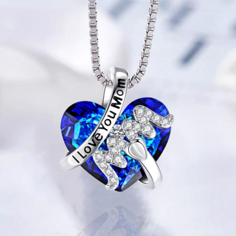 Pendant Necklace Red Blue Heart Crystal Jewelry Ladies, Mother's Day Gift